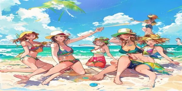 2026年夏季打屁股漫画特辑封面，夏日海滩背景下多位萌系角色欢乐互动，色彩明亮活泼